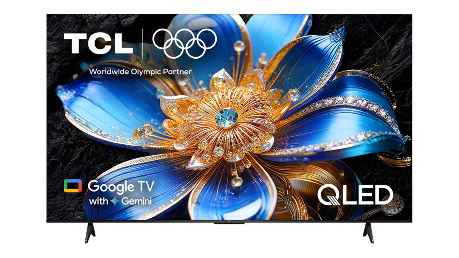 Front view of the TCL 43-inch P7LS QLED TV on dual feet, showing a vivid blue and gold floral image on screen