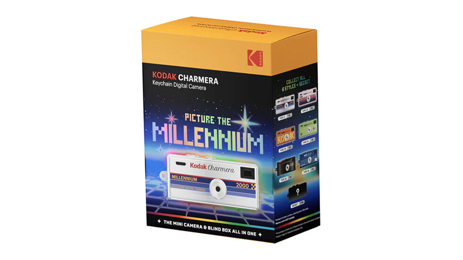 Packaging for Kodak Charmera Millennium Edition blind box featuring retro-futuristic design