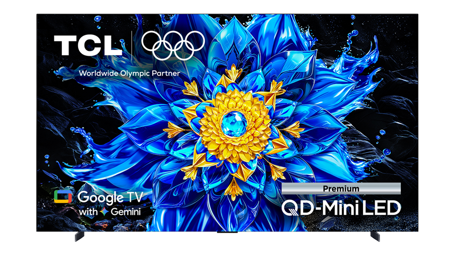 Straight‑on front view of the TCL 98‑inch TV showing the same blue and gold floral artwork