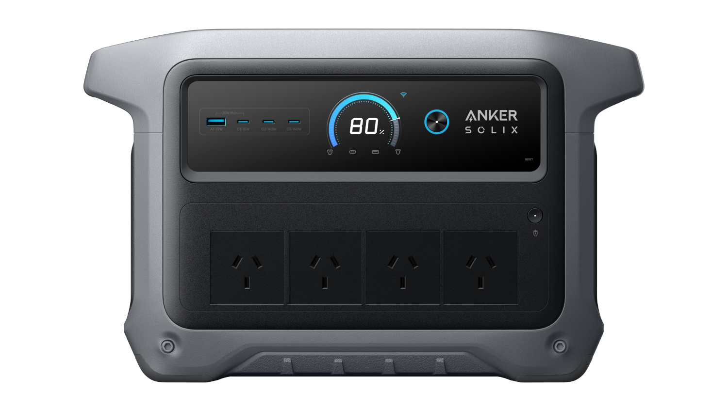 Front view of Anker SOLIX portable power station with digital display, USB ports, and four AC outlets