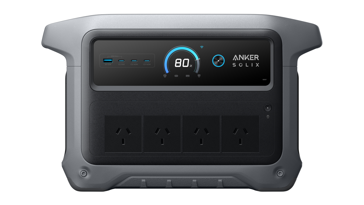 Front view of Anker SOLIX portable power station with LCD, USB ports, and four AC outlets