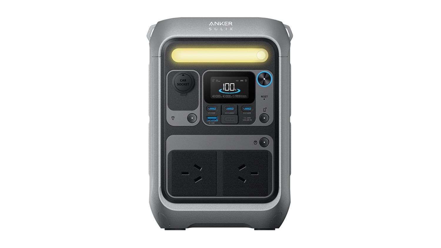 Front view of the Anker C300 portable power station featuring AC sockets, USB ports, and a built-in LED light