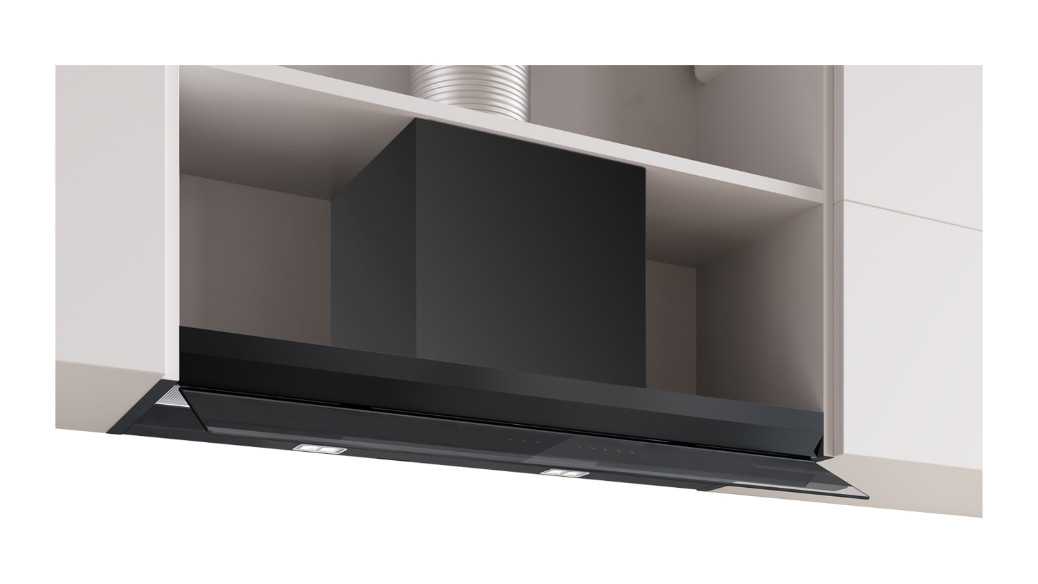 Bosch black undermount rangehood fitted into overhead kitchen cabinet