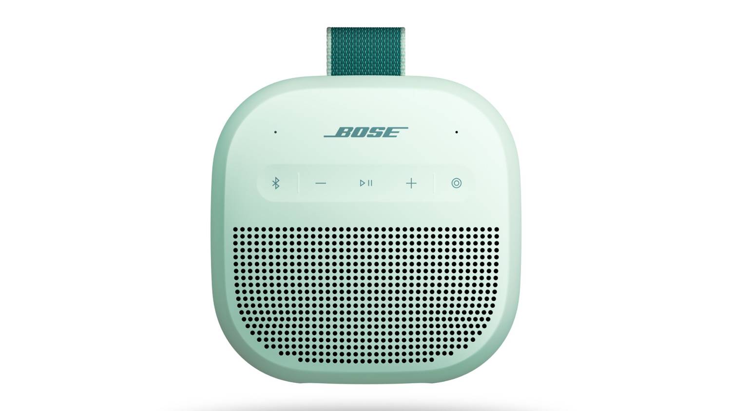 Front view of the Bose SoundLink Micro (2nd Gen) portable Bluetooth speaker in Dewdrop Mint