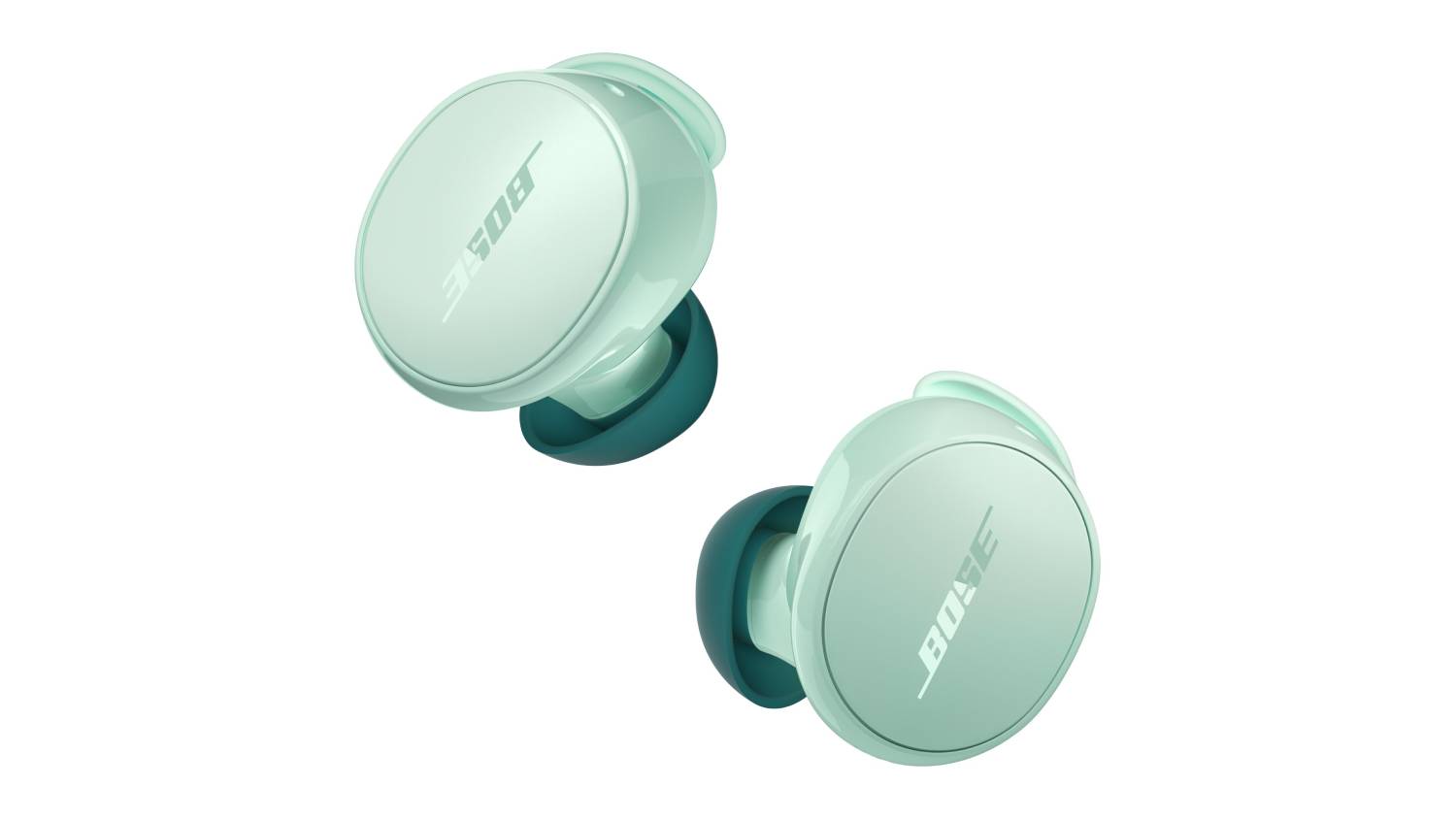 Pair of Bose QuietComfort wireless earbuds in Dewdrop Mint, shown at an angled view