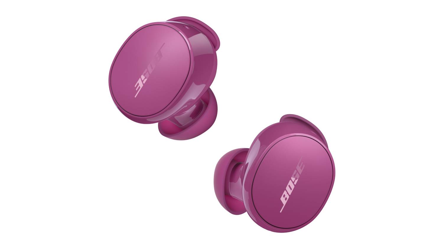 Pair of Bose QuietComfort wireless earbuds in Rosewood Mauve, shown at an angled view