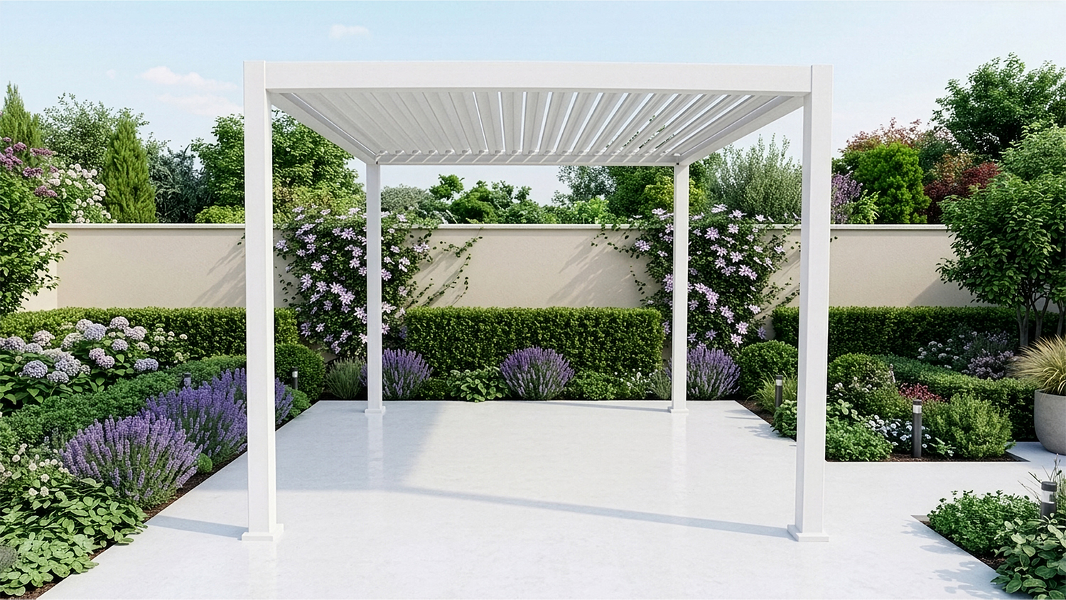 Front view of the Fiori 3 x 3m Aluminium Outdoor Pergola in white