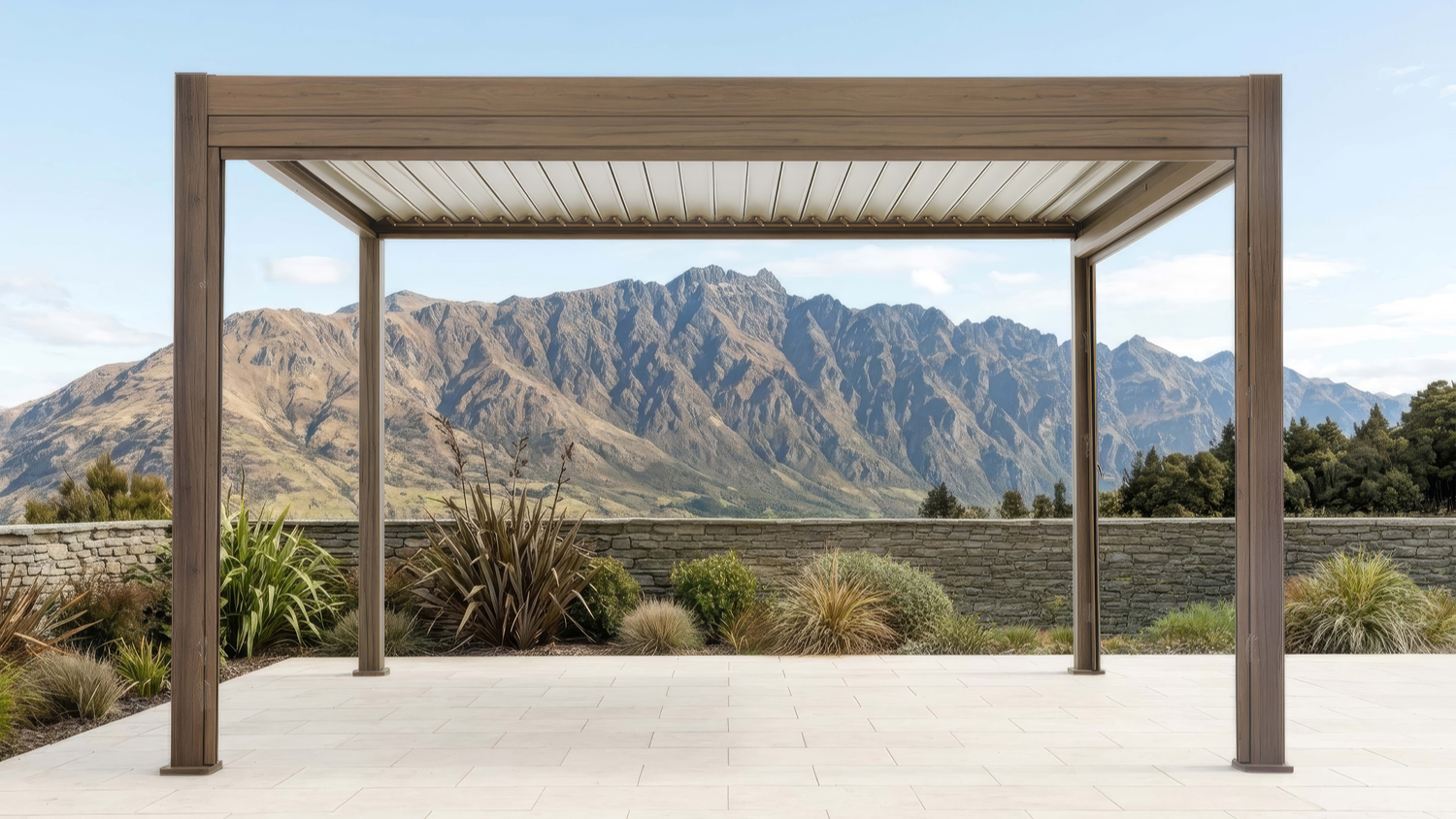 Front view of the Fiori 3 x 4m Aluminium Outdoor Pergola in walnut