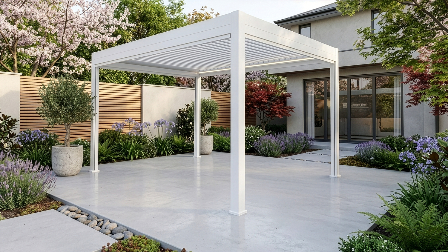 Front view of the Fiori 3 x 4m Aluminium Outdoor Pergola in white