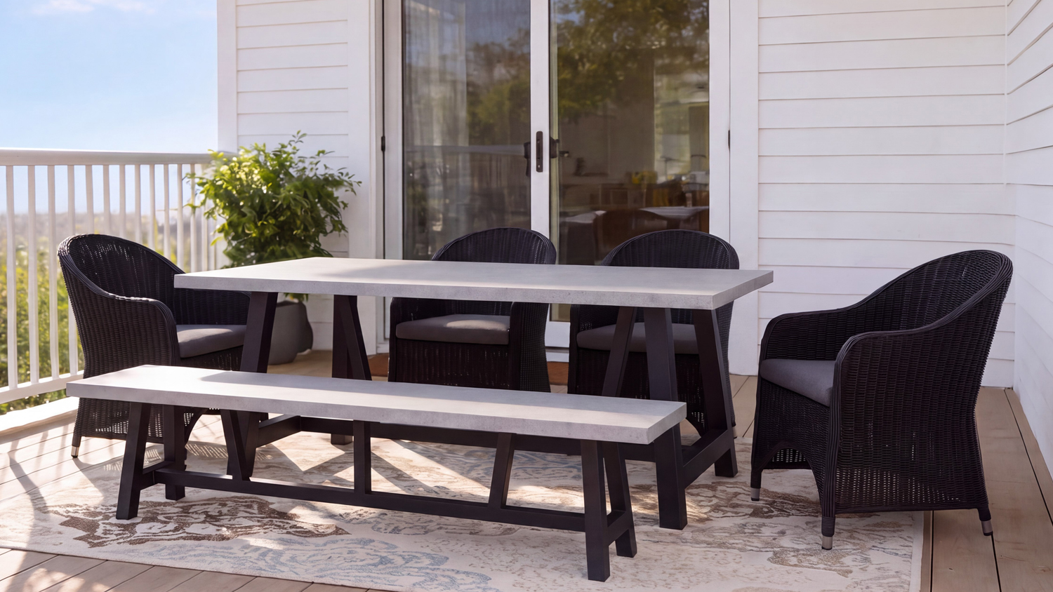 Marbella 6 Piece Outdoor Dining Set featuring a dining table, four armchairs, and a dining bench