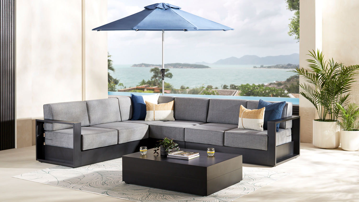 Outdoor scene featuring the Monaco Corner Lounge Suite with Coffee Table