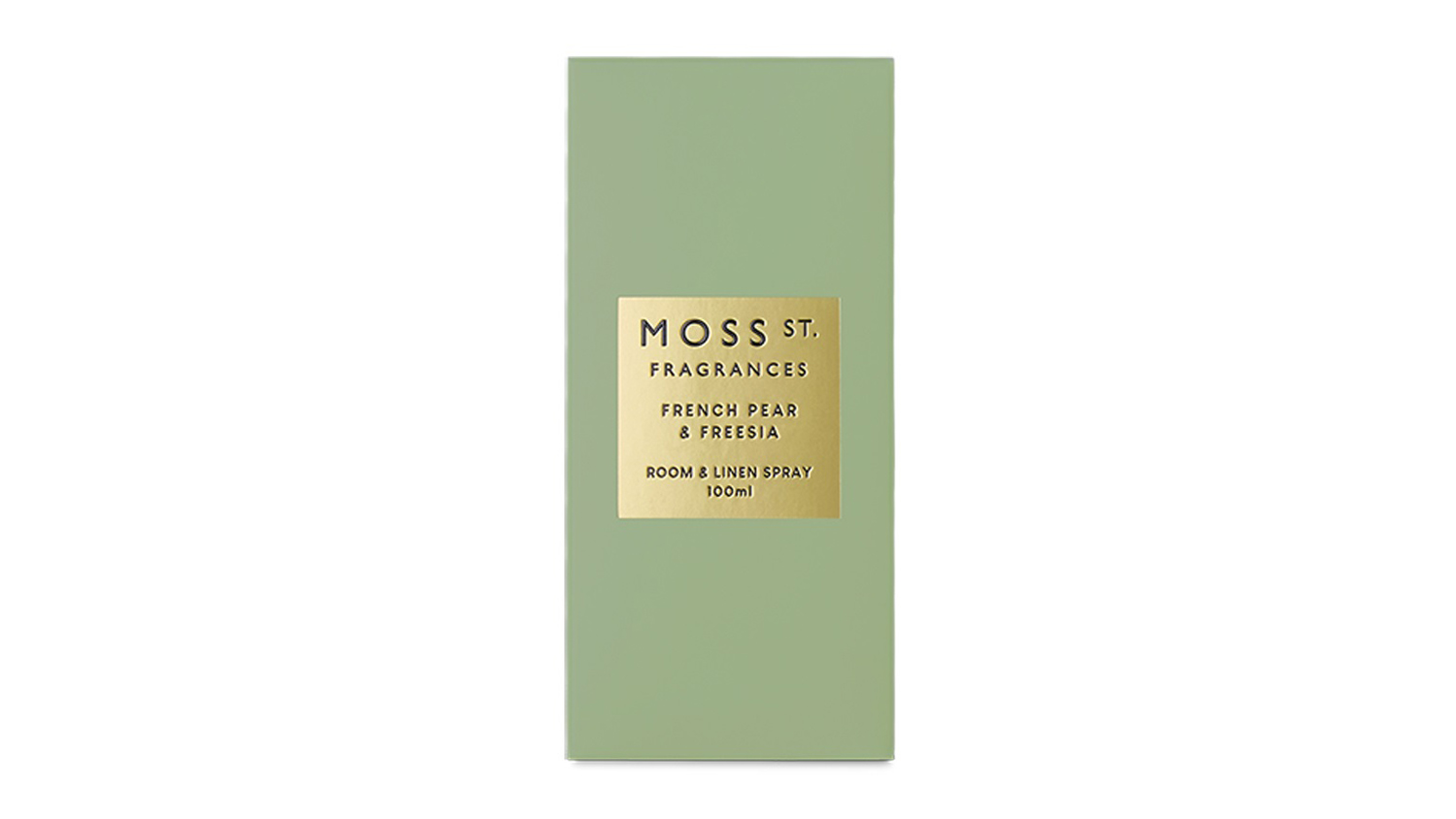 The product packaging for the Moss St. Room Fragrance