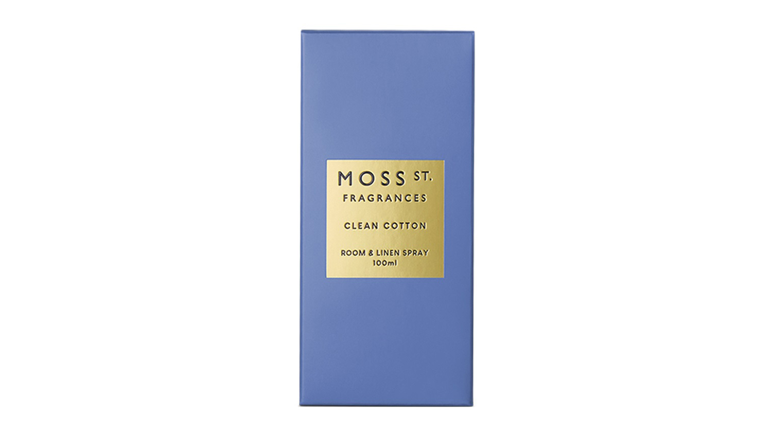 The product packaging for the Moss St. Room Fragrance
