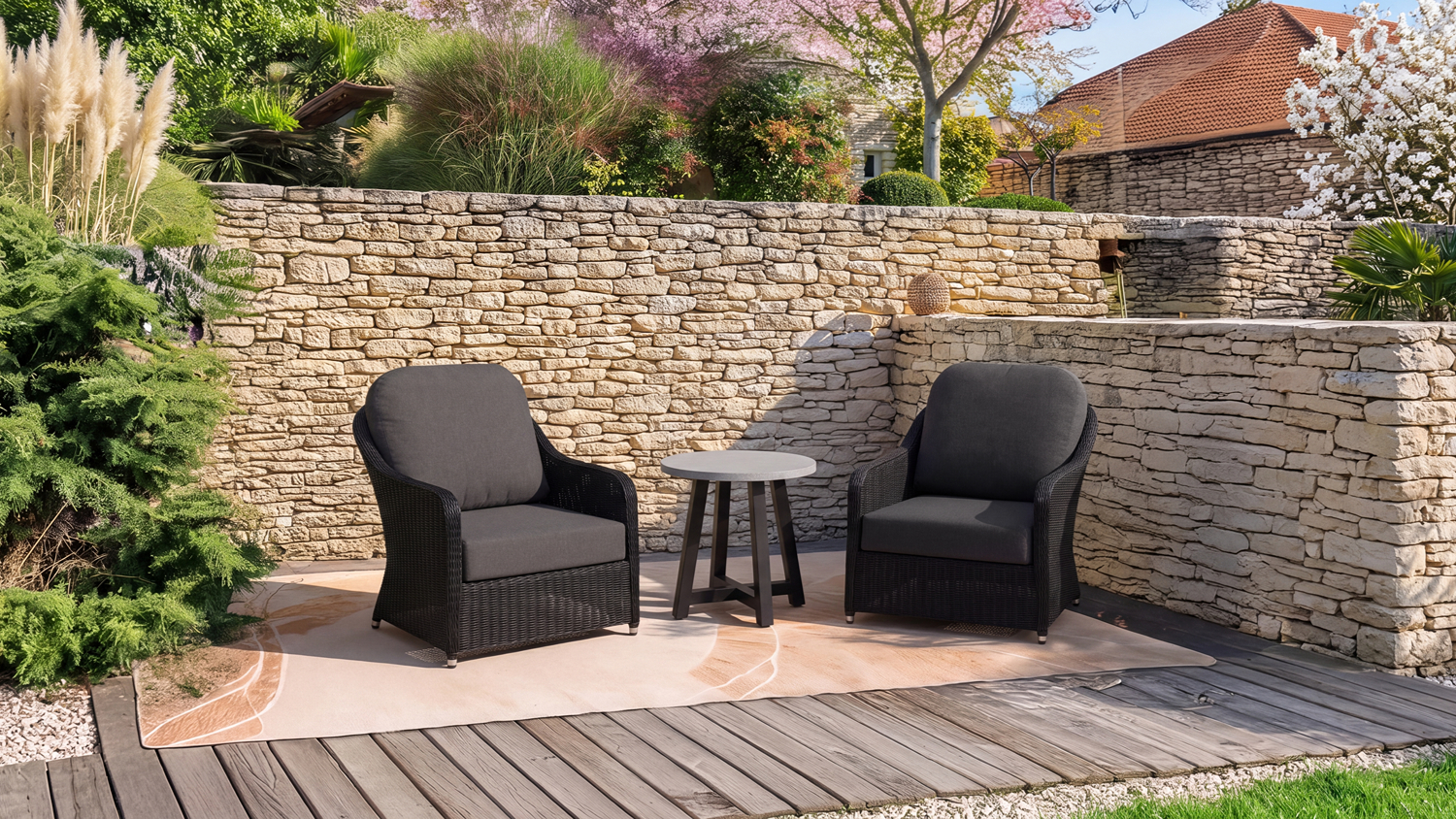 Marbella 3 Piece Outdoor Patio Setting featuring two woven synthetic wicker-style armchairs and a round side table
