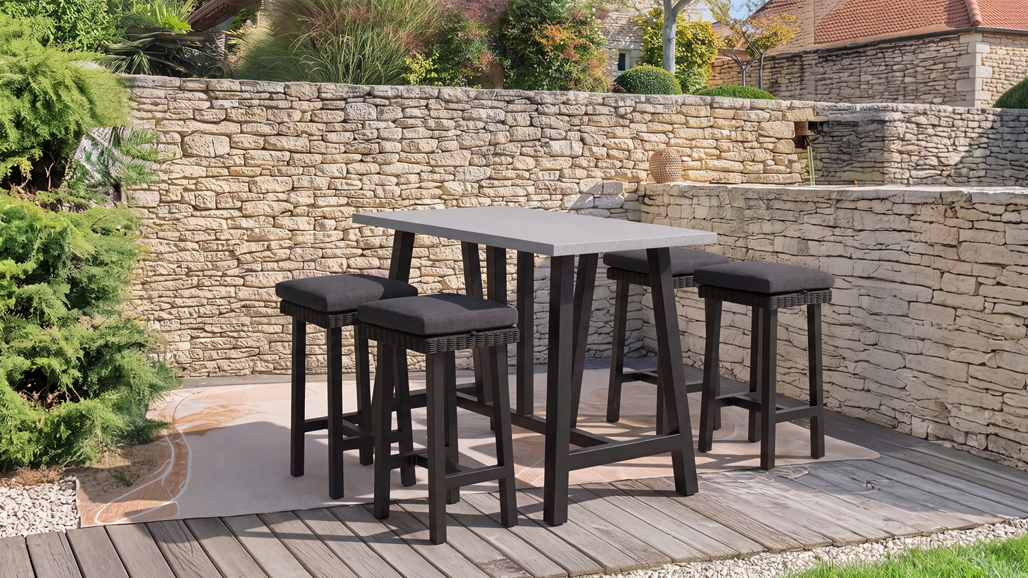 Marbella 5 Piece Outdoor Bar Setting featuring a high rectangular bar table and four cushioned bar stools