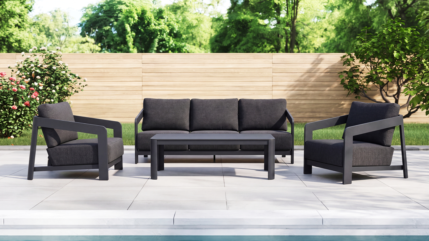 Outdoor scene featuring the Mustang 4 Piece Lounge Suite with Coffee Table