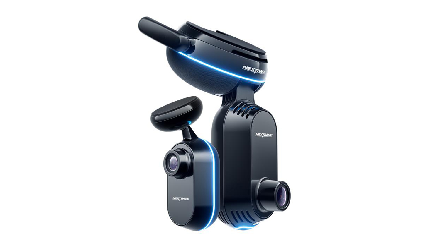 Front and rear camera modules for Nextbase iQ 4K dash cam set with glowing blue accents