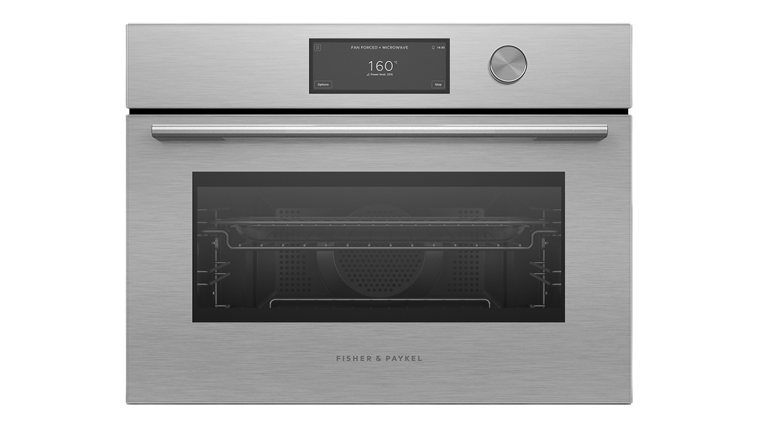 Front view of Fisher & Paykel combi-microwave oven in brushed silver glass with digital display set
