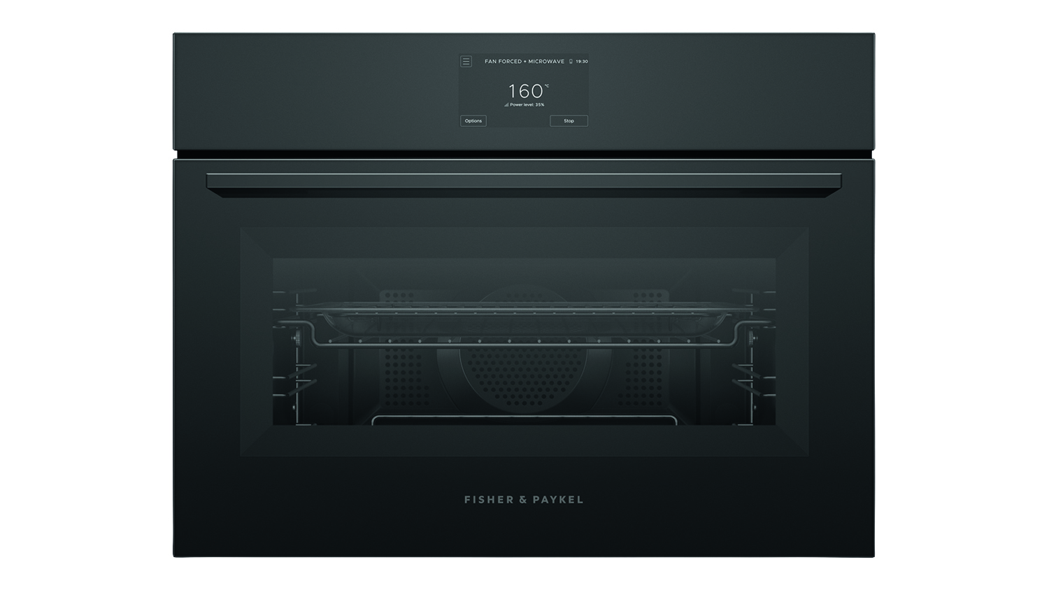 Front view of the Fisher & Paykel Series 7 black glass compact combi-microwave oven with door closed