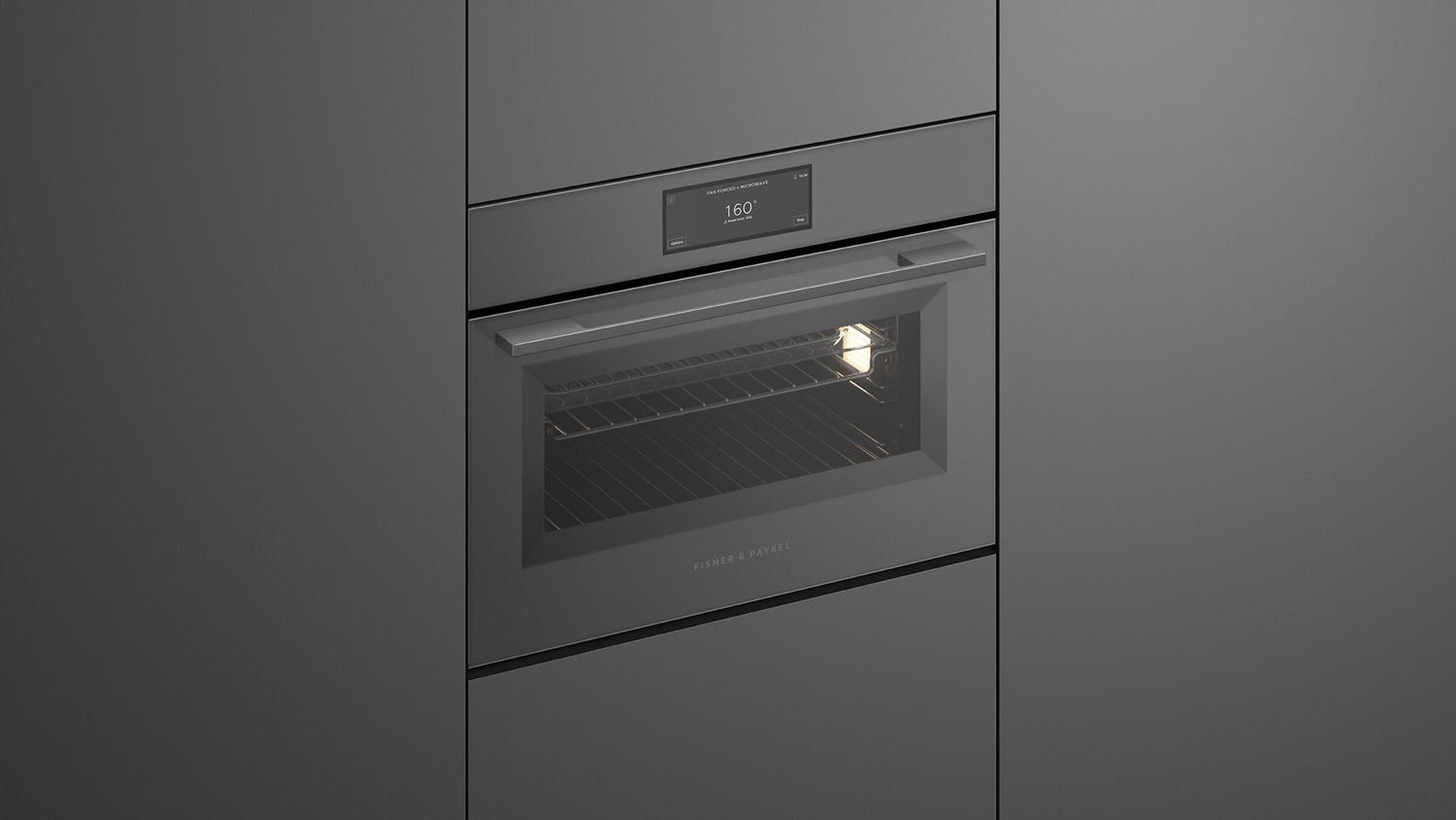 A view of the unit integrated into a sleek grey wall with its door opened