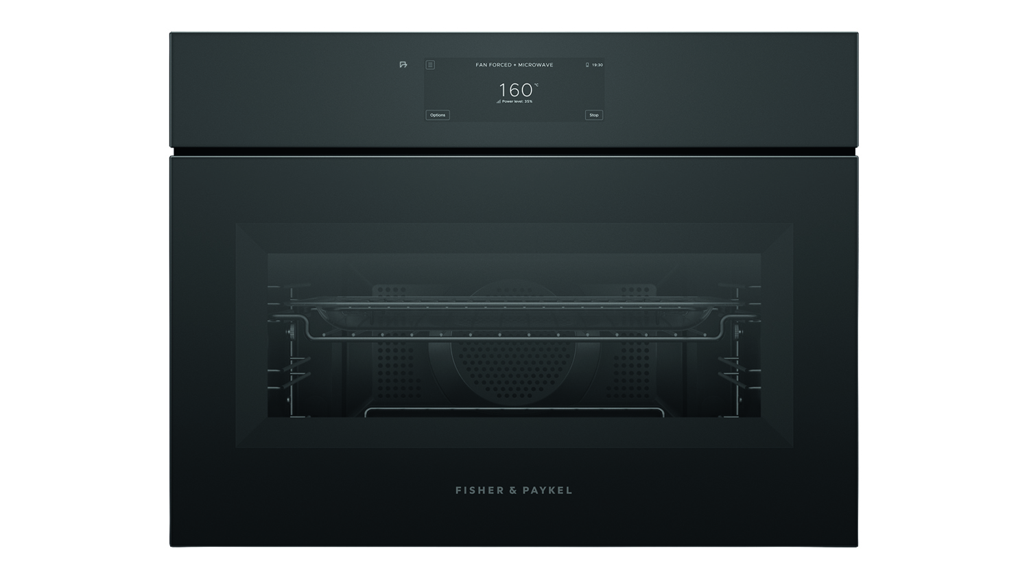 Front view of Fisher & Paykel Series 11 built-in combi-microwave in black glass with touchscreen interface