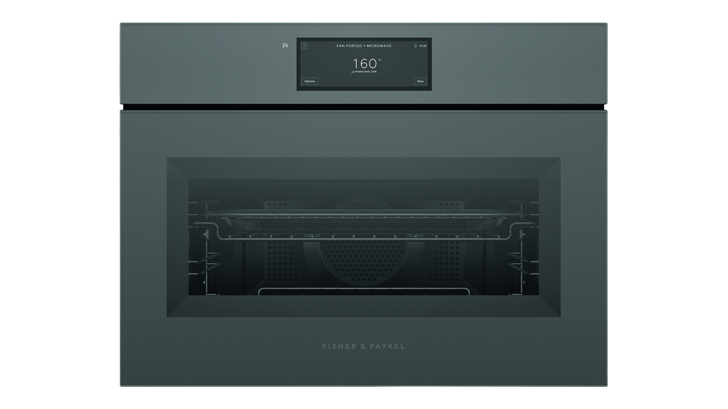 Front view of Fisher & Paykel built-in combi-microwave oven in sleek grey glass finish