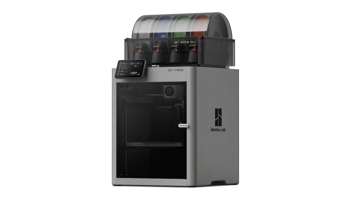 -Front view of the Bambu Lab P2S Combo 3D printer in black with AMS 2 Pro mounted on top