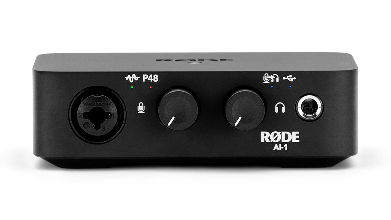 A RODE AI-1 USB Audio Interface in a sleek black colour