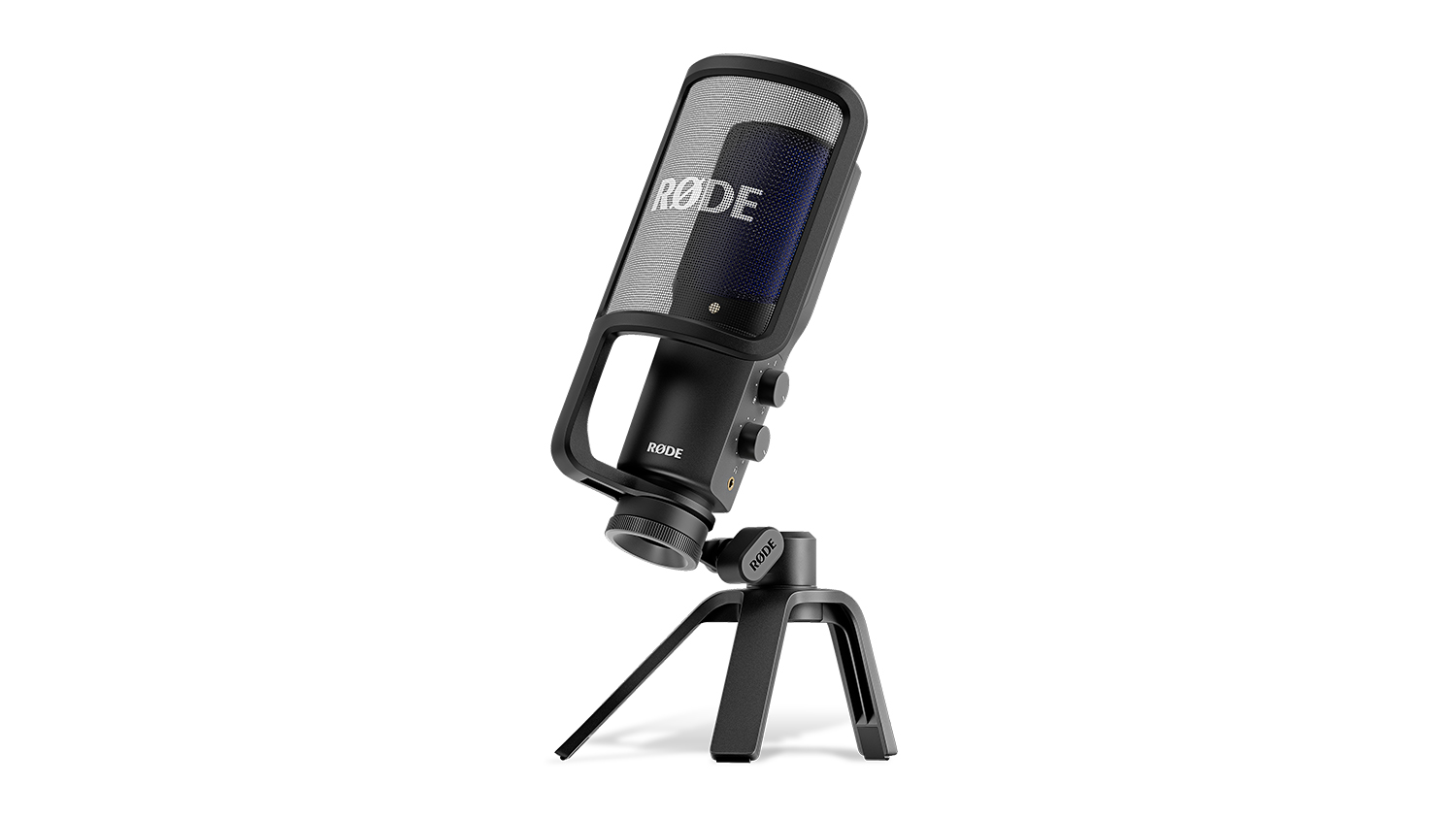 A RODE NT-USB+ Professional USB Microphone in a sleek black colour