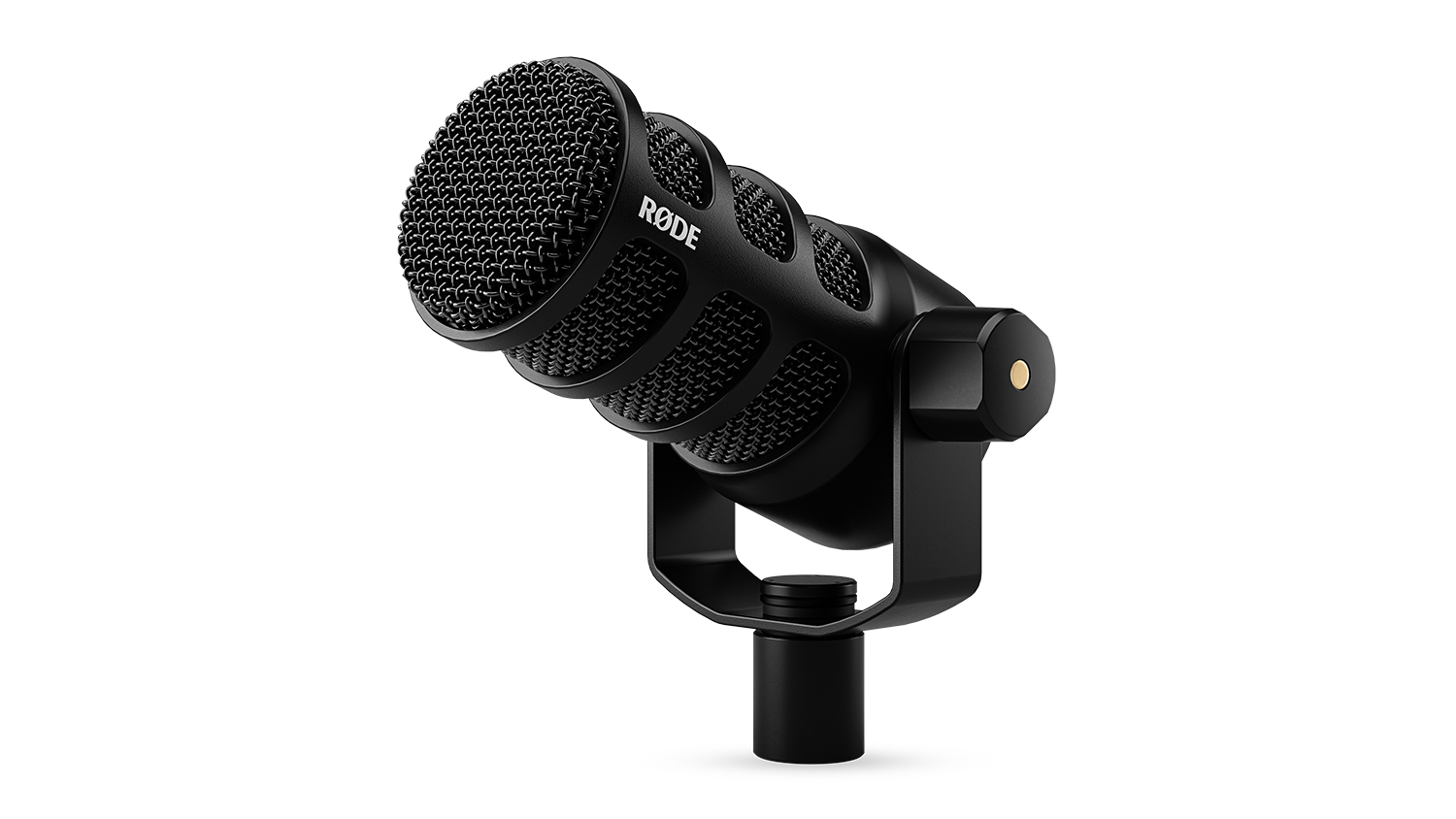 A RODE PodMic Dynamic Podcast Microphone in a sleek black colour