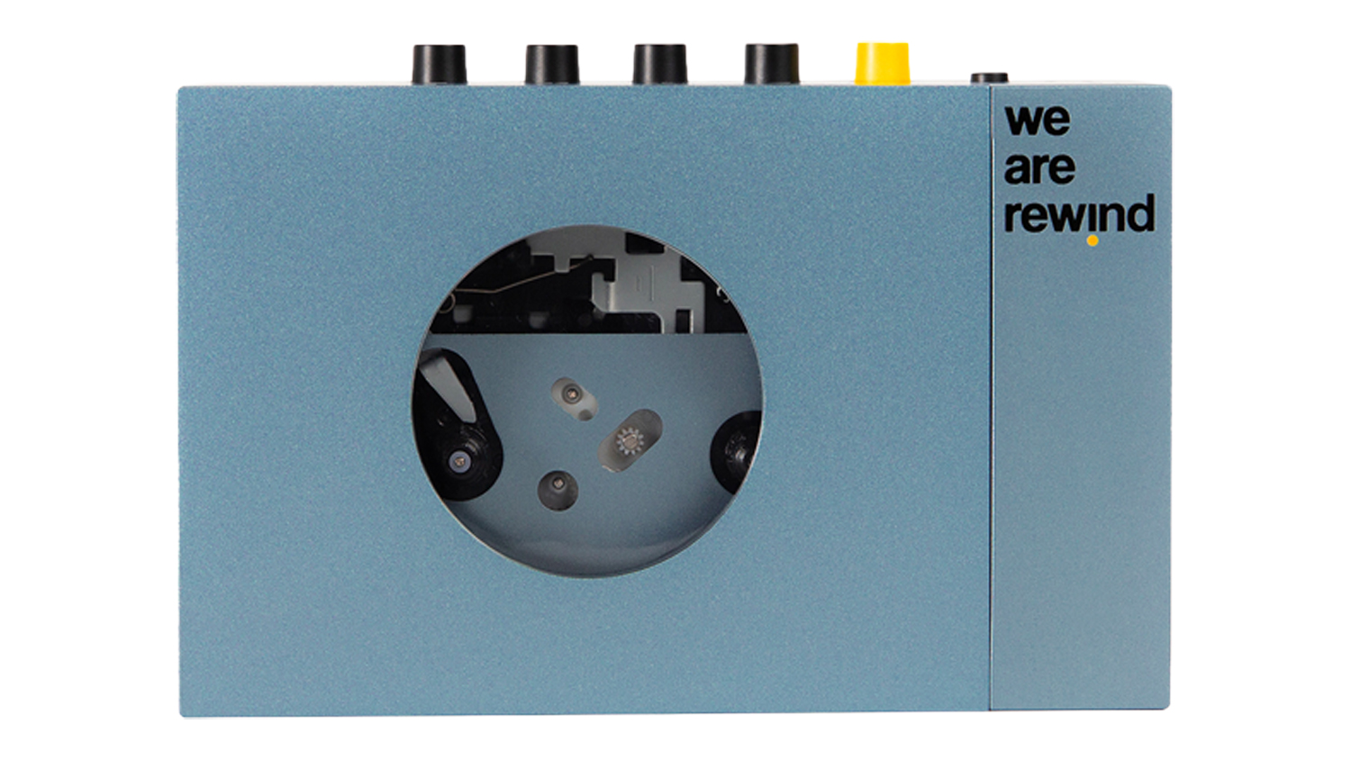 Front view of the We Are Rewind Kurt Bluetooth cassette player in blue, featuring a minimalist retro styling