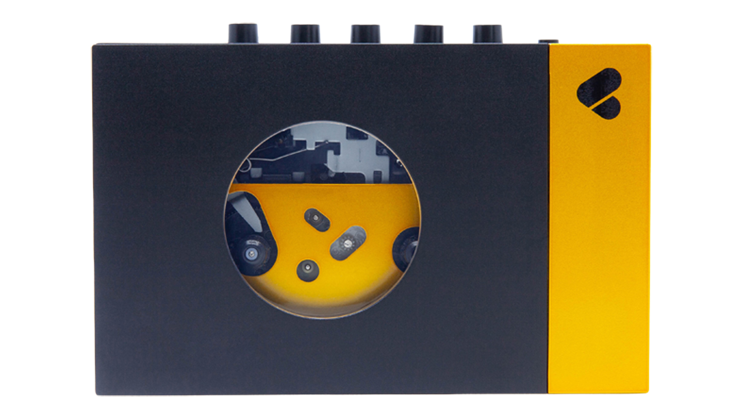 Front view of the We Are Rewind Amy Bluetooth cassette player in black and yellow