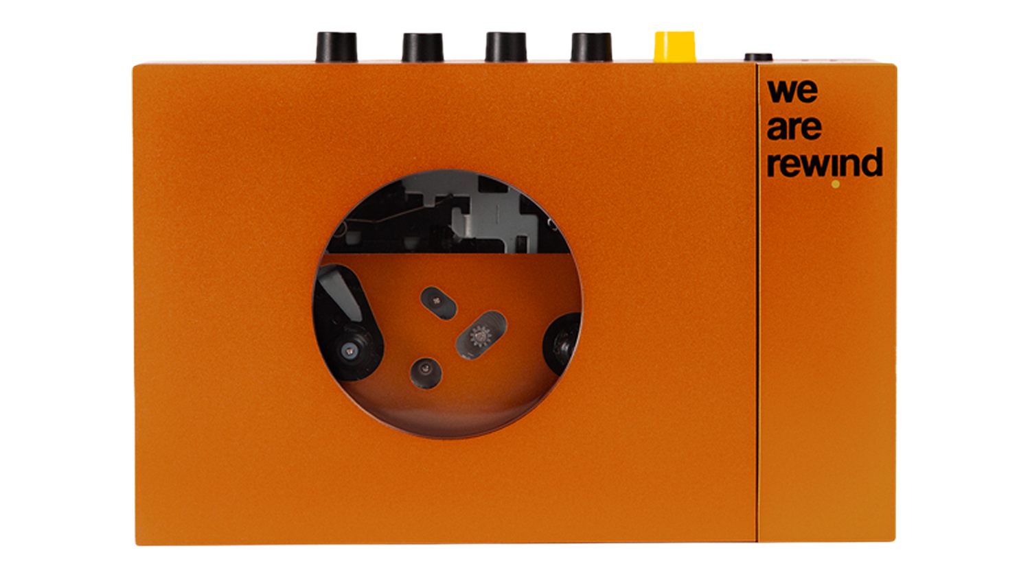 Front view of the We Are Rewind Serge Bluetooth cassette player in orange, featuring a retro design