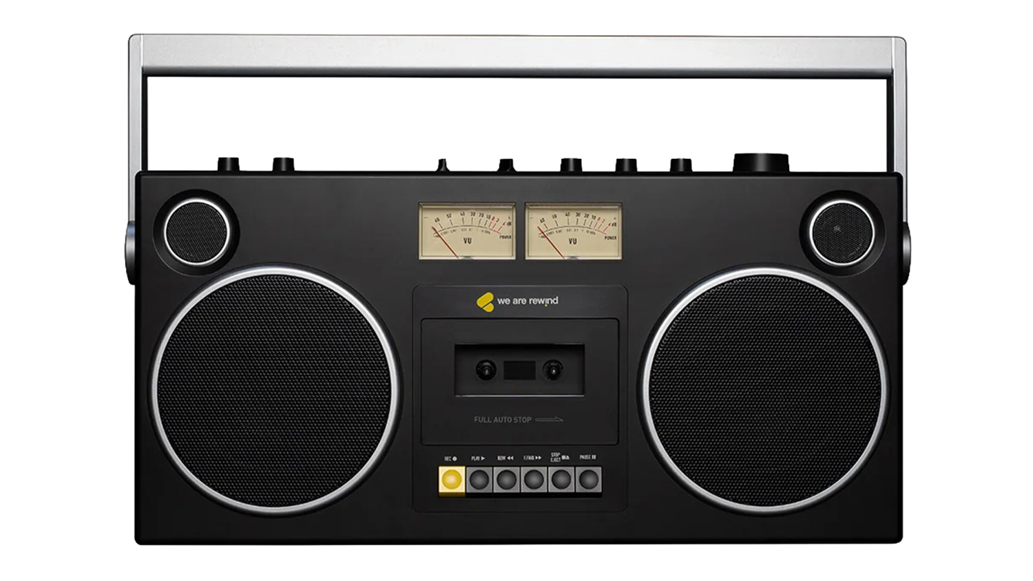 Front-facing product shot of the We Are Rewind Blaster Curtis Bluetooth boombox with integrated cassette player