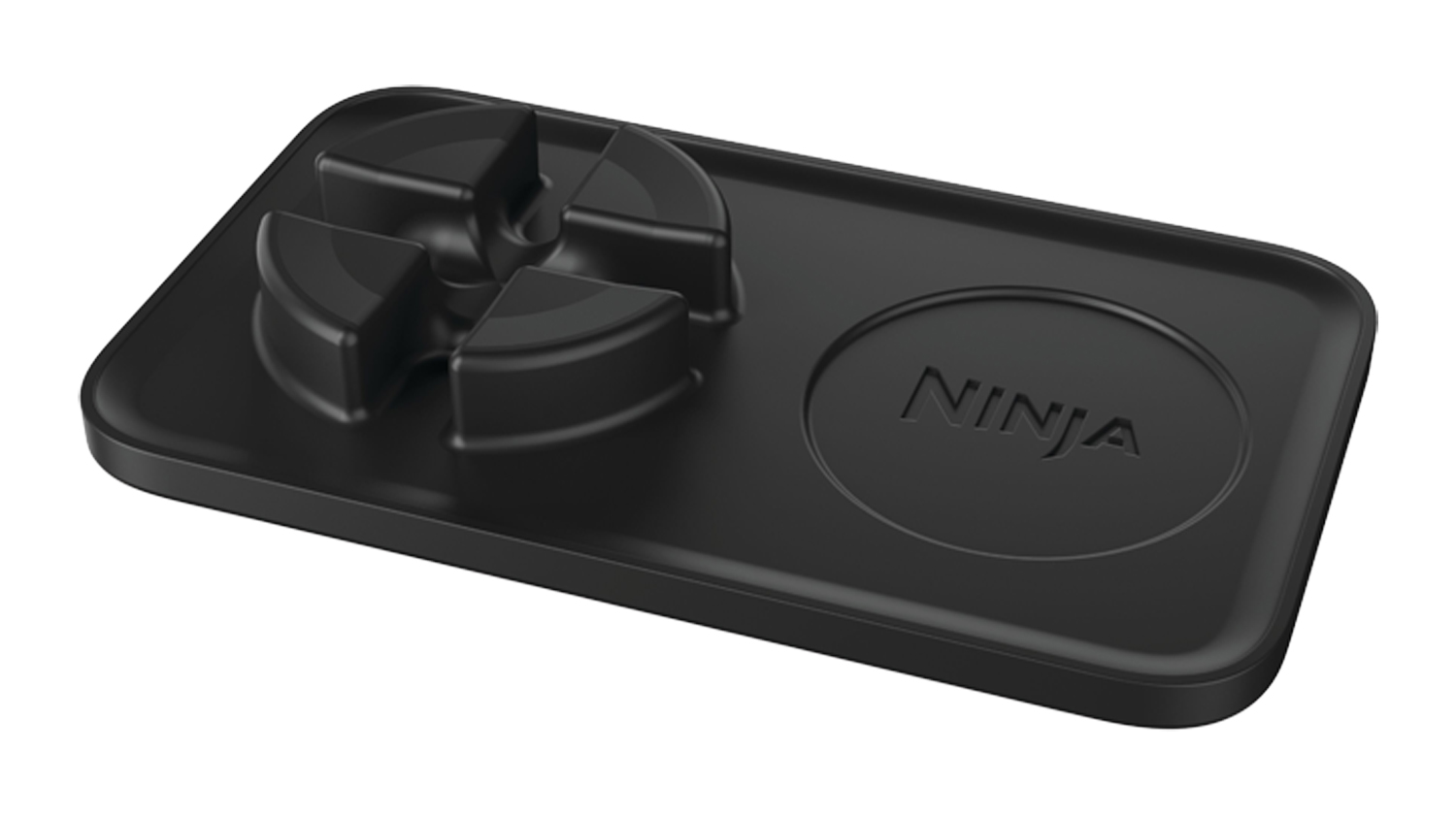 Black Ninja Luxe Cafe tamping mat with a portafilter cutout and logo
