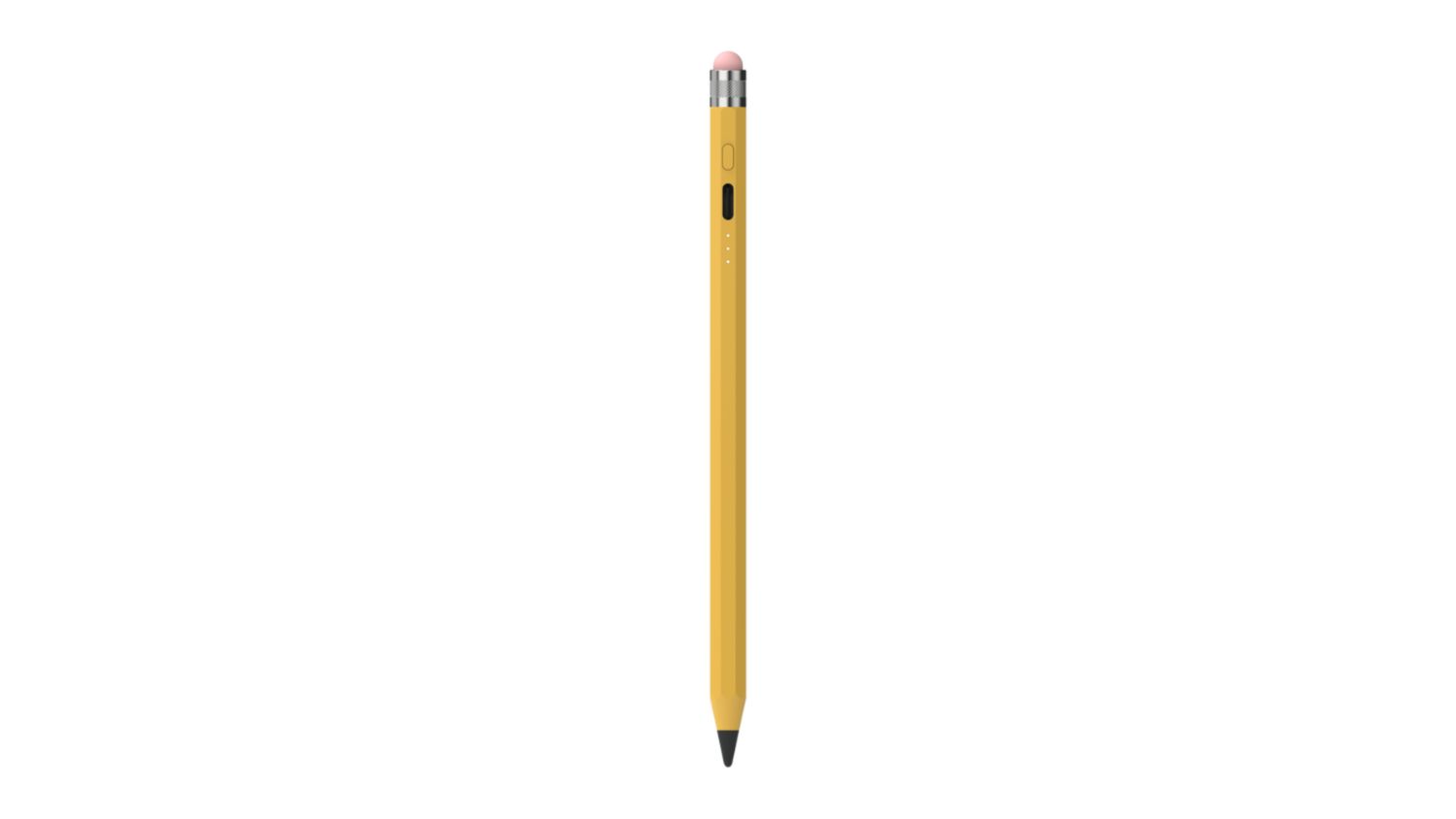 A yellow pencil-style ZAGG stylus with a black writing tip and a pink rubber eraser top