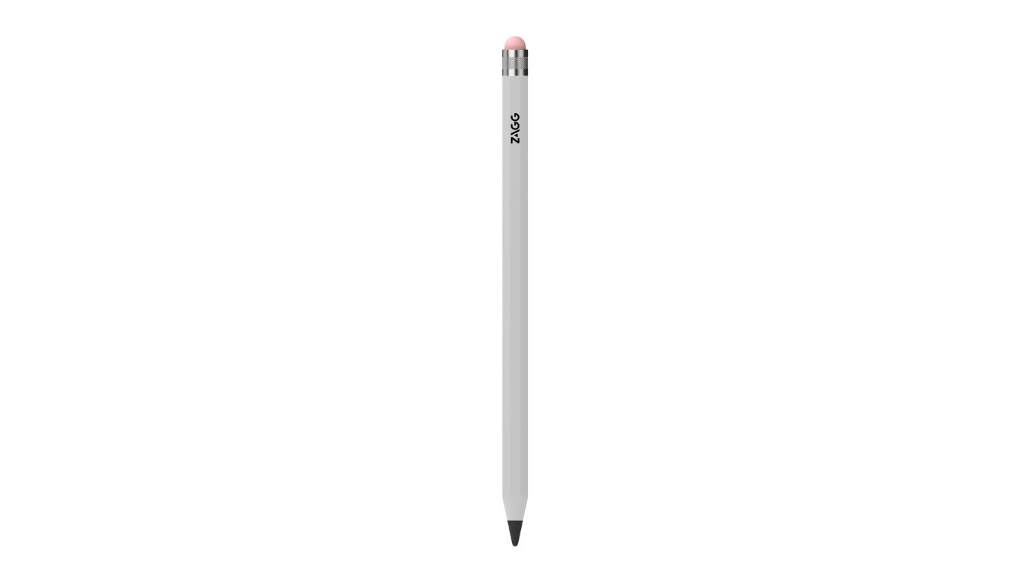 A front view of a white ZAGG stylus with a black precision tip and a pink eraser top