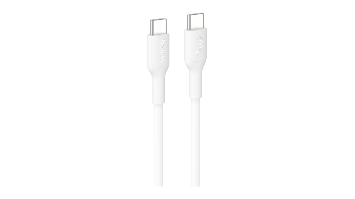 A close-up of a white Belkin USB-C to USB-C charging cable shows both connectors, with one labelled "60W"