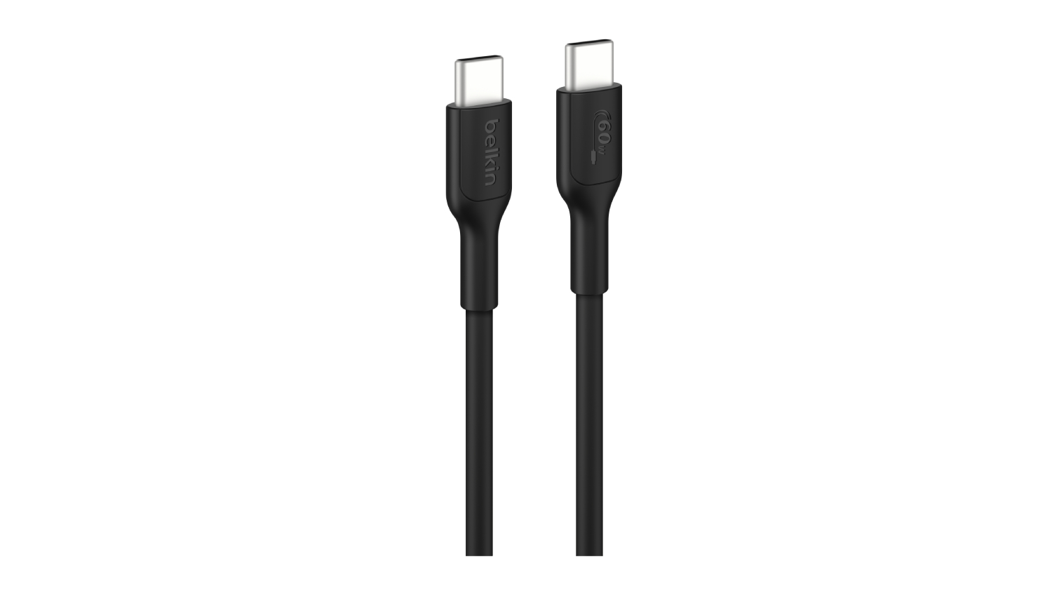 A close-up of a black Belkin USB-C to USB-C charging cable shows both connectors, with one labelled "60W"