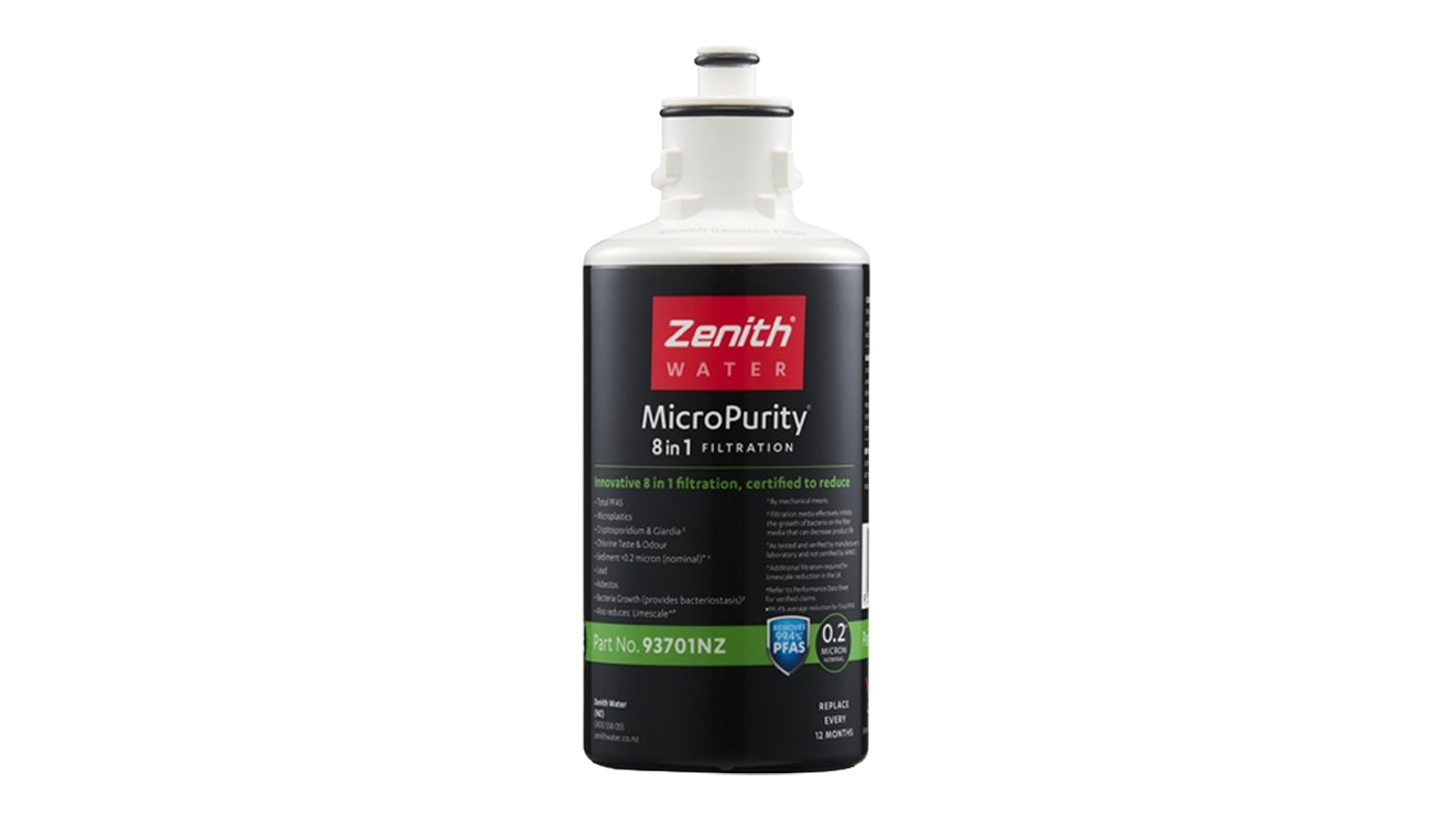 A front view of the Zenith MicroPurity 0.2 Micron Filter for HydroTap, the text reads “Zenith Water” and 8-in-1 Filtration”