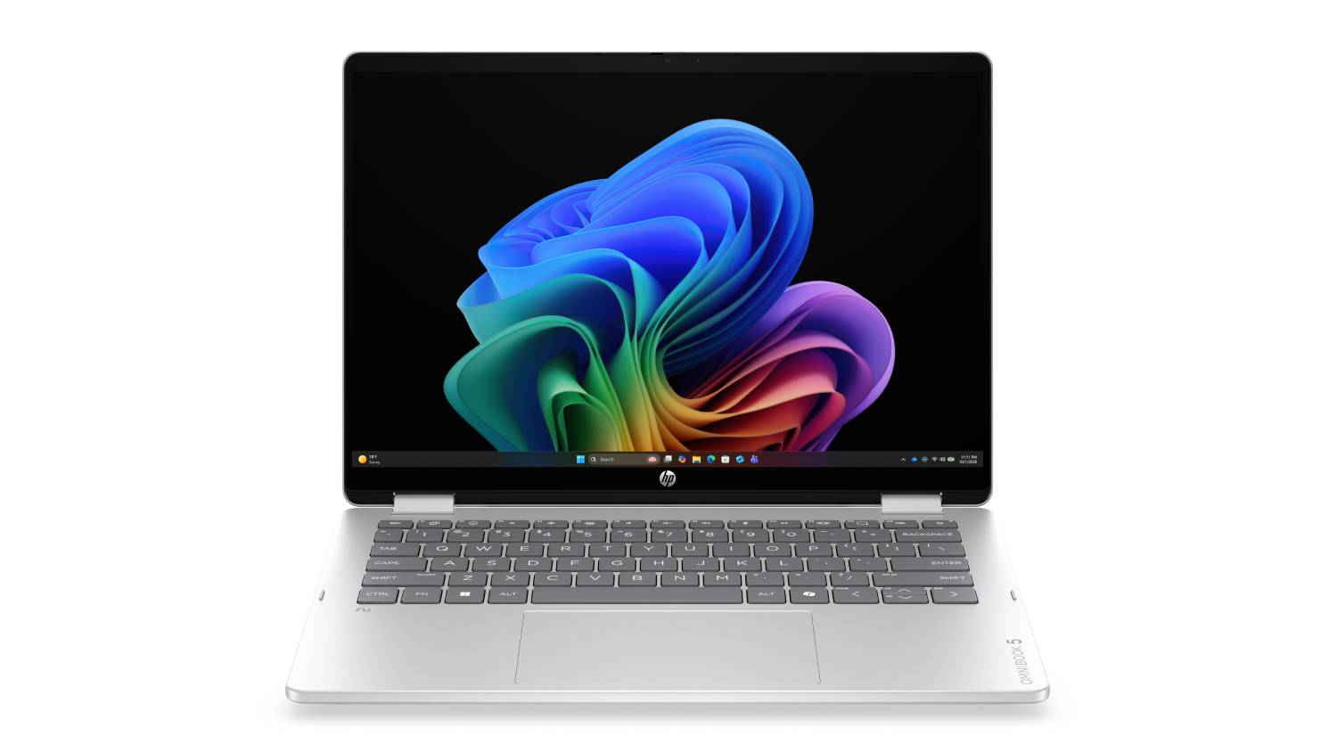 HP OmniBook 5 Flip 14" 2-in-1 Laptop in Glacier Silver shown from the front with the display open