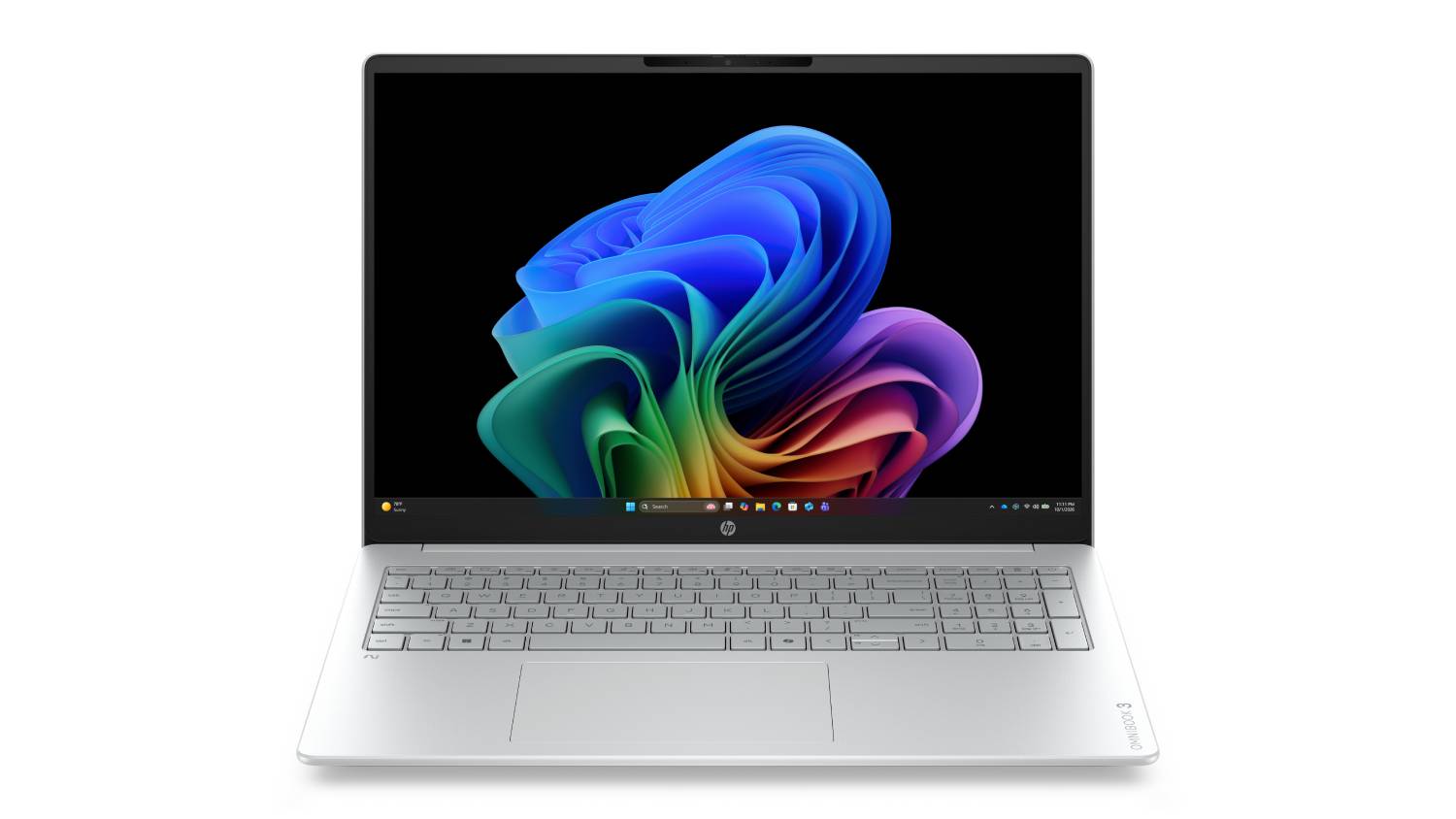 HP OmniBook 3 16-inch laptop in Moonstone Grey shown from the front with the display open