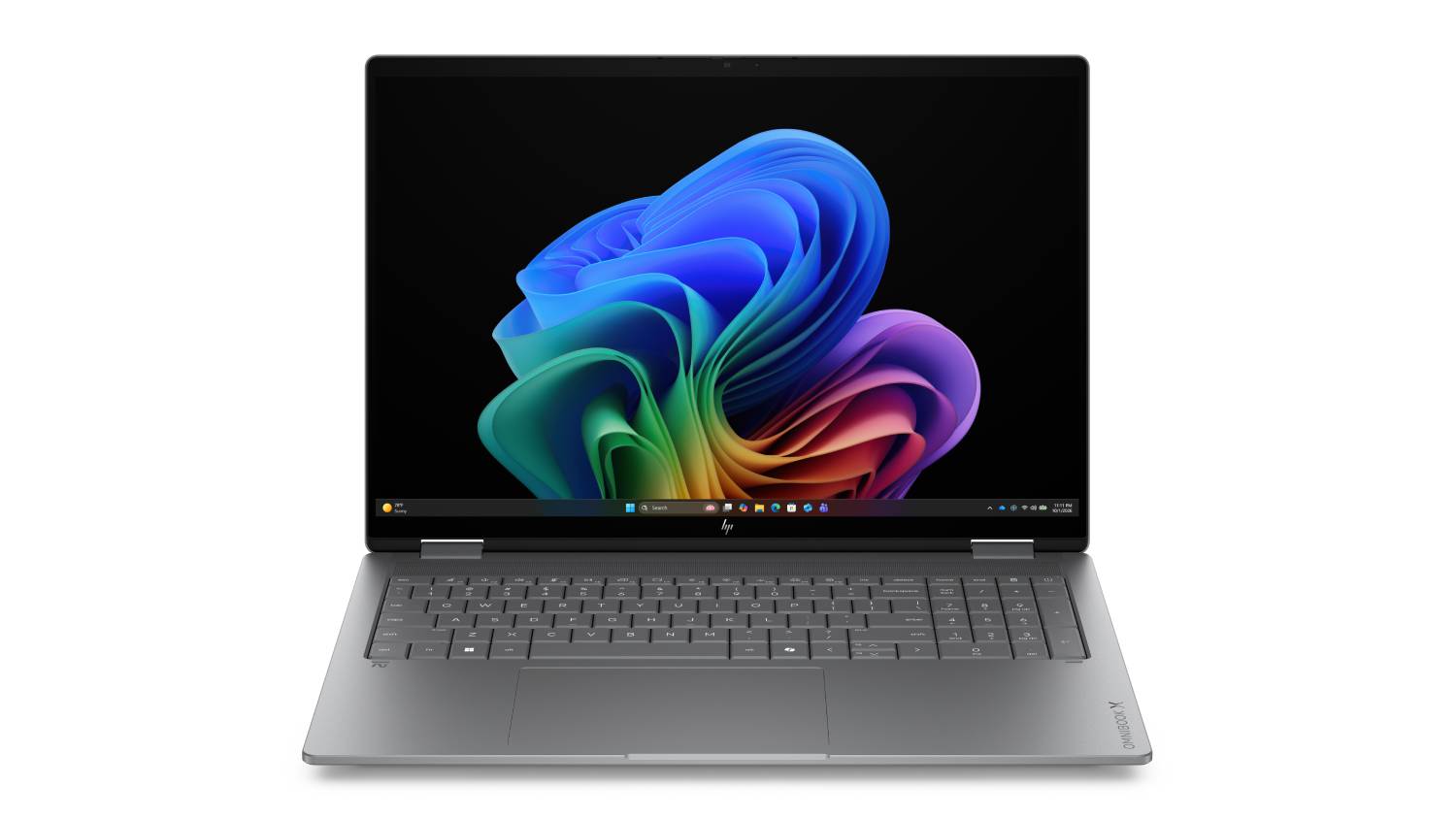 HP OmniBook X Flip 16" 2-in-1 Laptop in Orbit Grey shown from the front with the display open