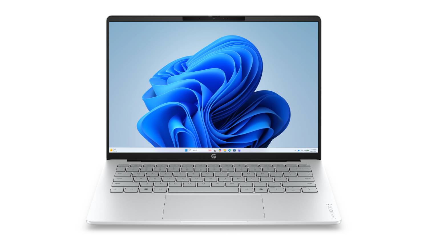 HP OmniBook 5 14-inch laptop in Glacier Silver shown from the front with the display open