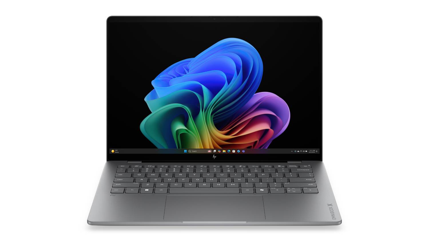 HP OmniBook X 14-inch laptop in Meteor Silver shown from the front with the display open