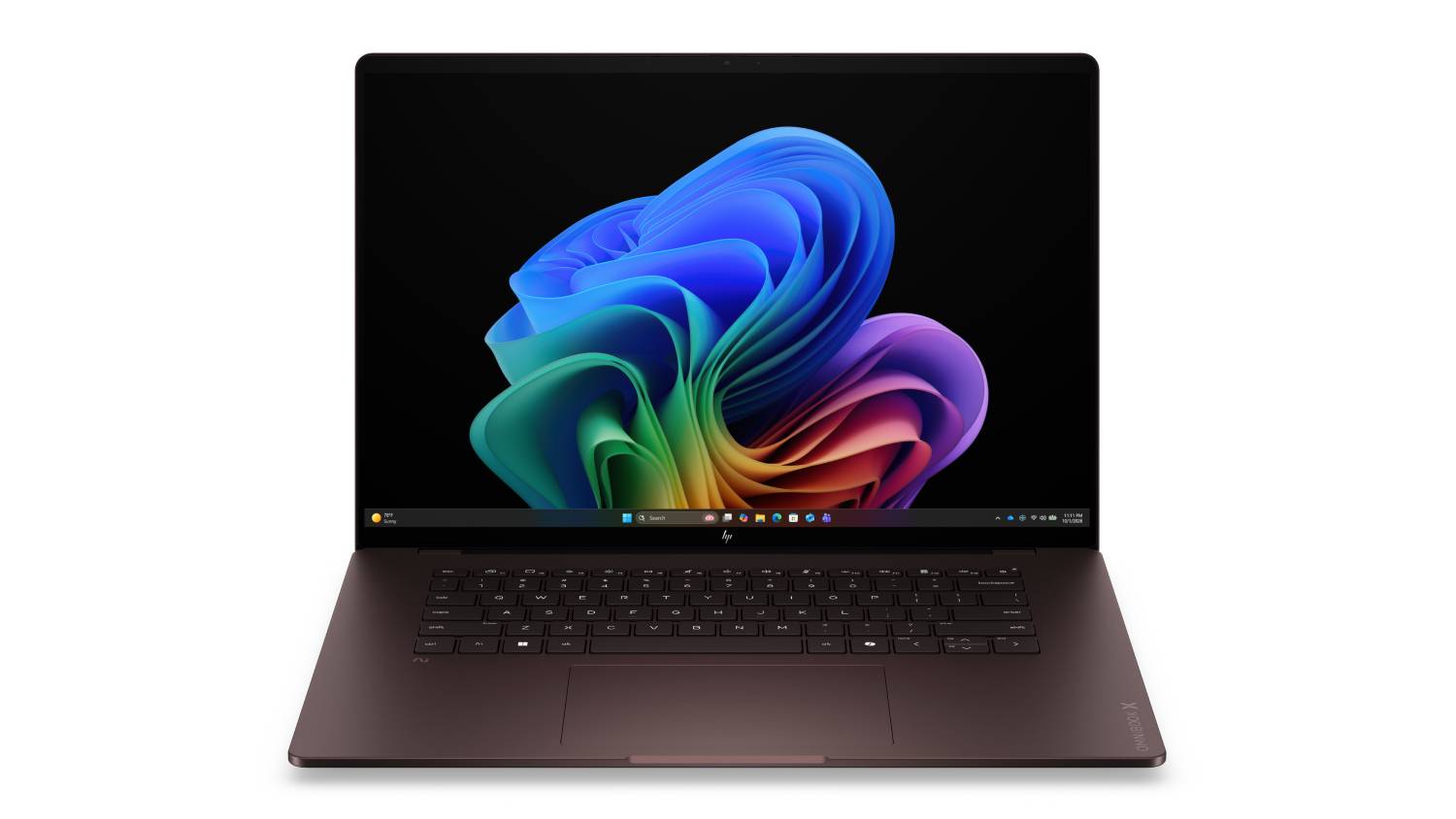 HP OmniBook X 16-inch laptop in Meteor Silver shown from the front with the display open