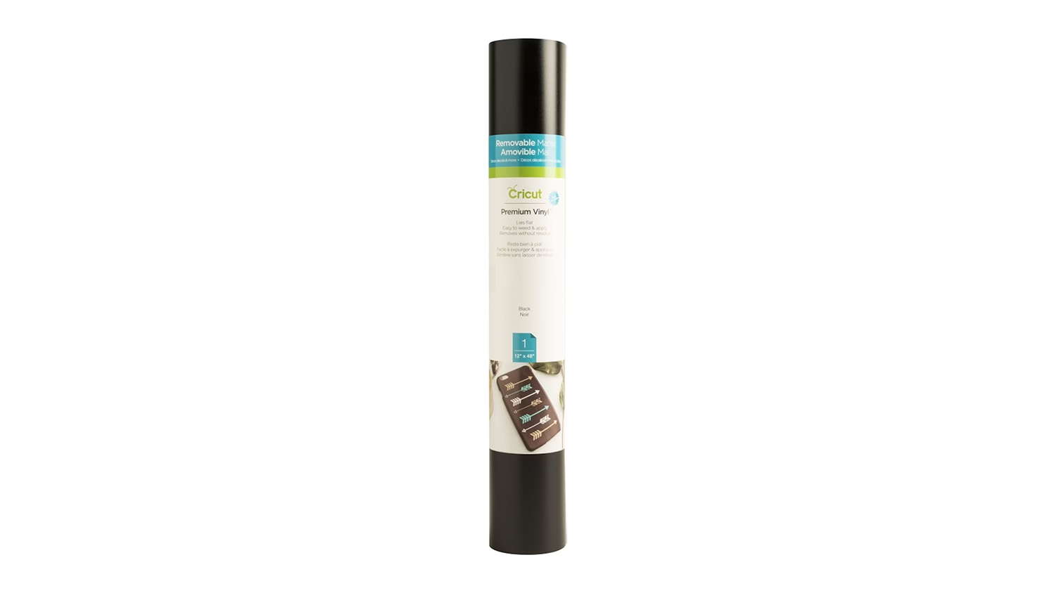 Roll of Cricut Premium Removable Black Vinyl (12" x 48") with label showing craft details