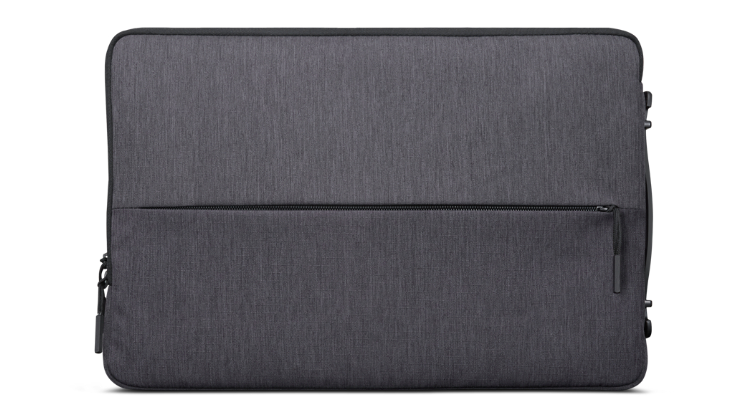 Front view of the charcoal grey fabric Lenovo Urban Sleeve Case for 14-inch laptops, featuring a front zip pocket and a slim, minimalist design