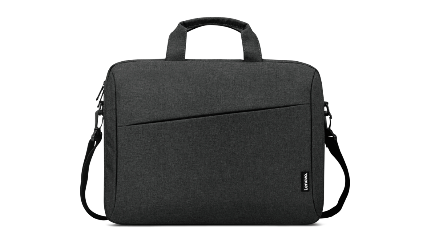 Front view of a black Lenovo laptop briefcase with top handles, a shoulder strap, and an angled front pocket