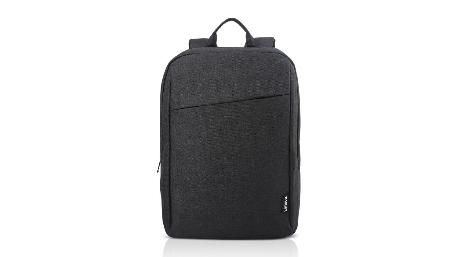 Front view of the black Lenovo Casual Toploader B210 for 15.6-inch laptops, featuring a slim profile, top handle, and front slip pocket
